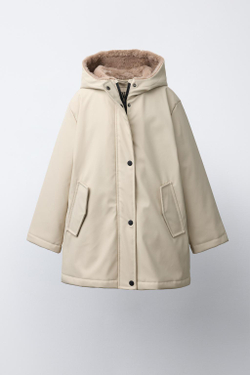ZARA ПРОРЕЗИНЕННАЯ КУРТКА WATER REPELLENT С ЭФФЕКТОМ МЕХА, ПЕСОЧНЫЙ