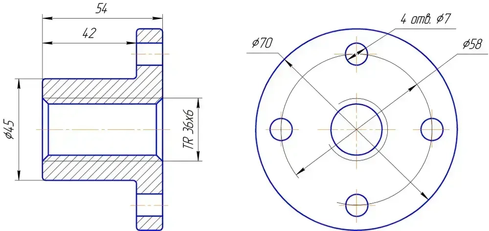 Комплект TR 36x6 Трапецеидальный винт, трапецеидальная гайка бронзовая с фланцем.