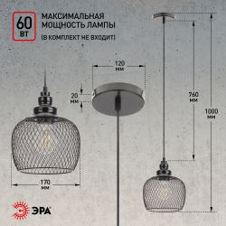 Светильник подвесной (подвес) ЭРА PL8 BK металл, E27, max 60W, высота плафона 220мм, подвеса 760мм, черный | Подвесы в стиле LOFT