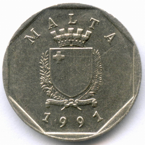 5 центов 1991 год. Мальта. Краб. Медно-никель, диаметр 20 мм. VF-XF