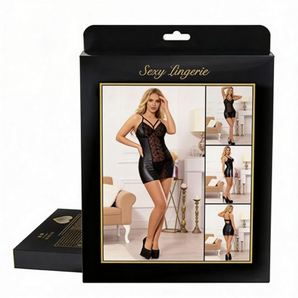 Кожаное платье с кружевом и стрепами Ohyeah Sexy Black +стринги, XS-S