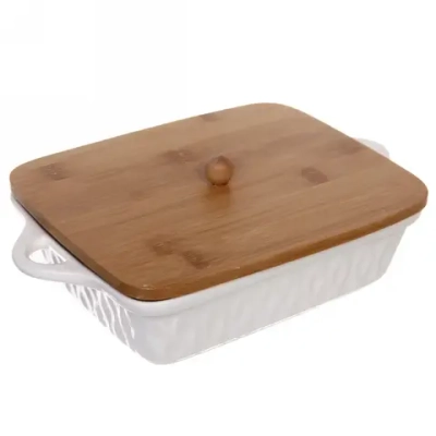 Форма для запекания керамическая «White magic» 23*18,5см с бамбуковой крышкой