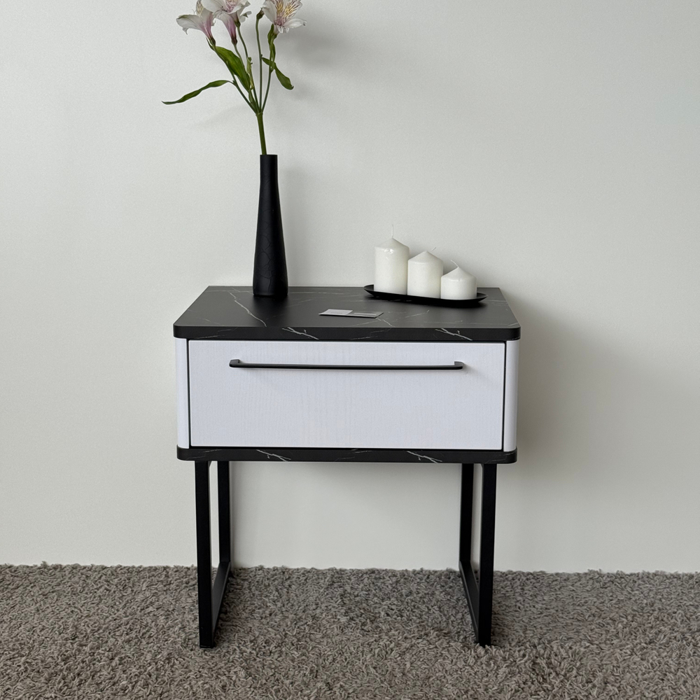 Тумба прикроватная на ножках ROYAL 5201 эко (Мрамор Неро-Черный-р.черная)