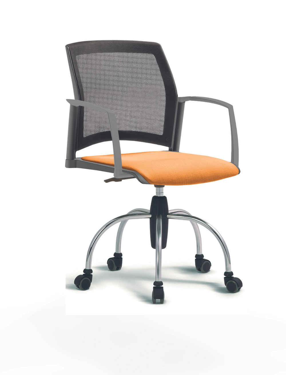Кресло Rewind каркас хромированный, пластик серый, база паук хромированная, с закрытыми подлокотниками, сидение оранжевое, спинка-сетка