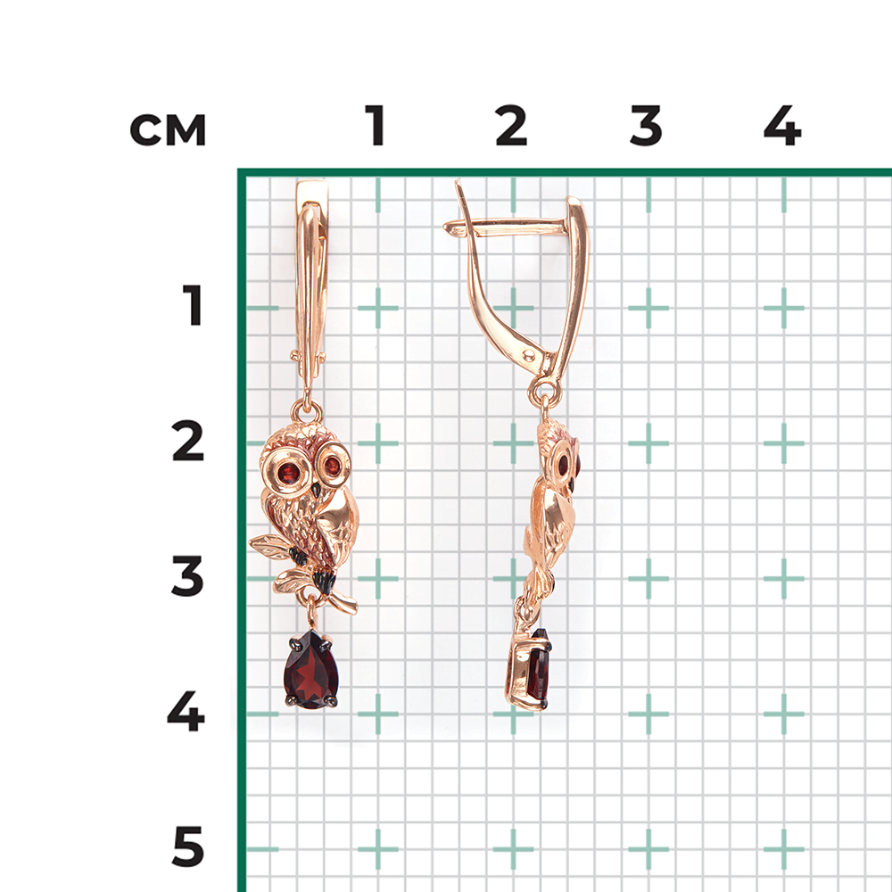 Серьги «Совята» с английским замком из красного золота с гранатом и эмалью