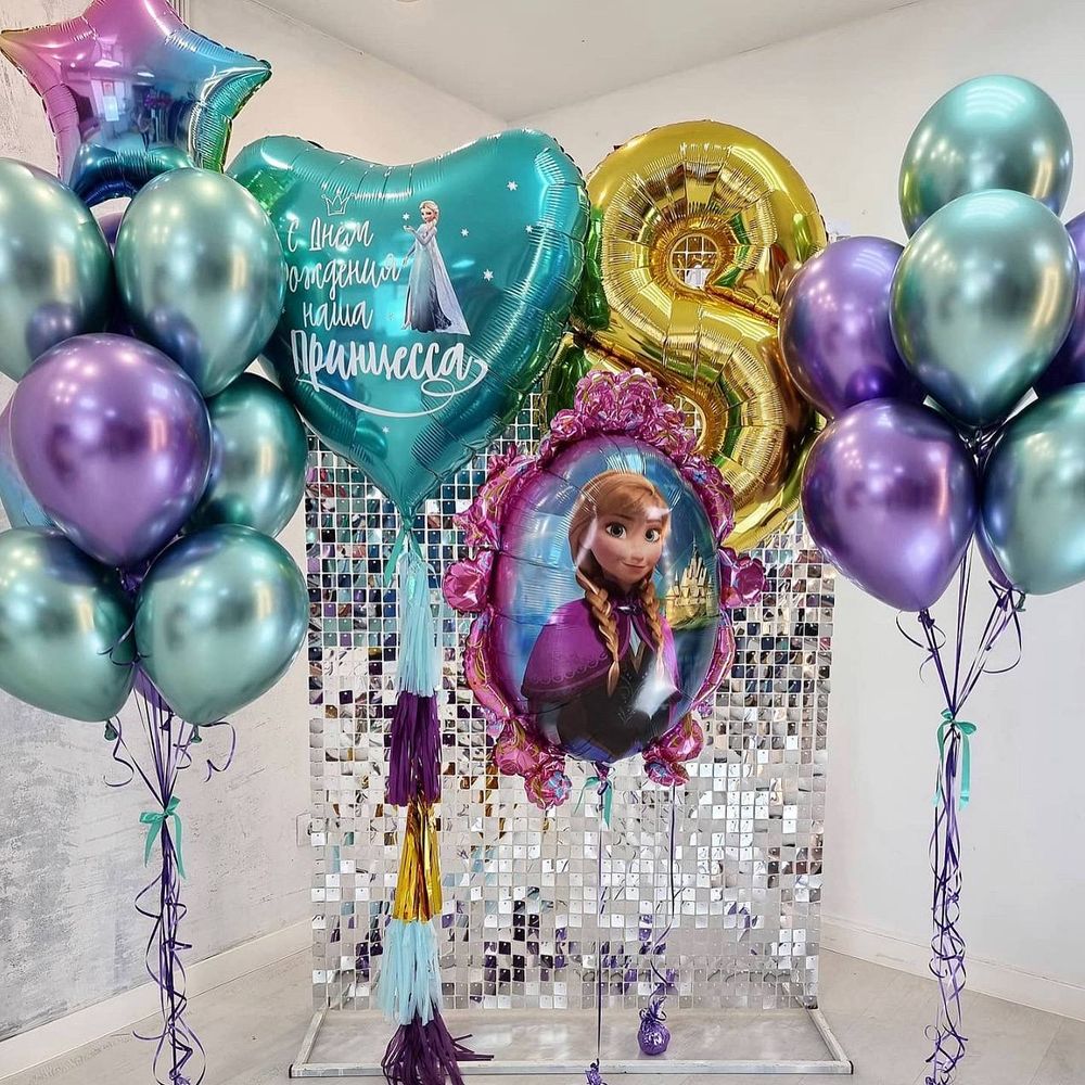 Воздушные гелиевые шары Эльза/анна/Холодное сердце/Зеркало хром фиолетовый/бирюзовый №4776