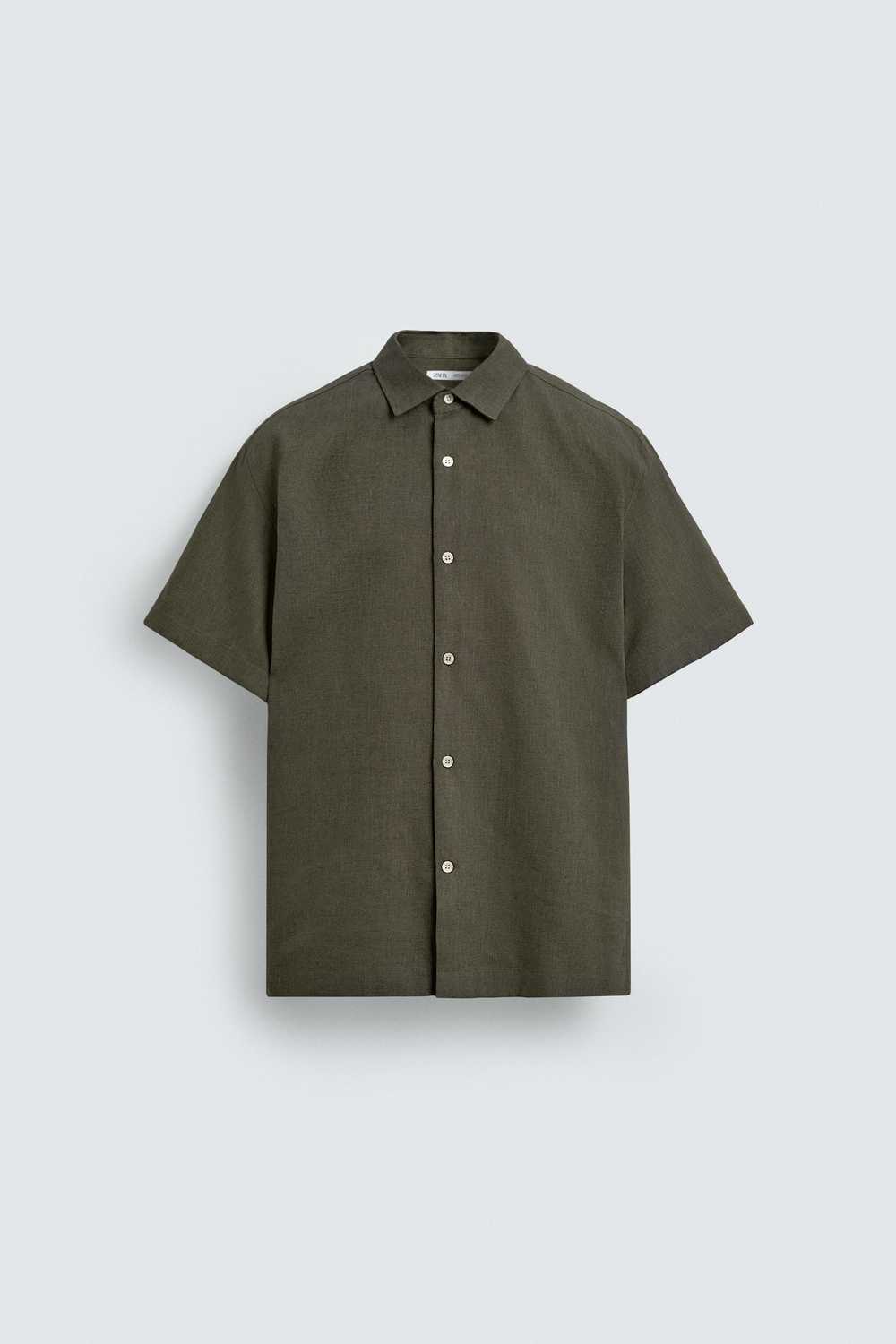 ZARA РУБАШКА ИЗ ЛЬНА И ХЛОПКА, ТЕМНО-ОЛИВКОВЫЙ