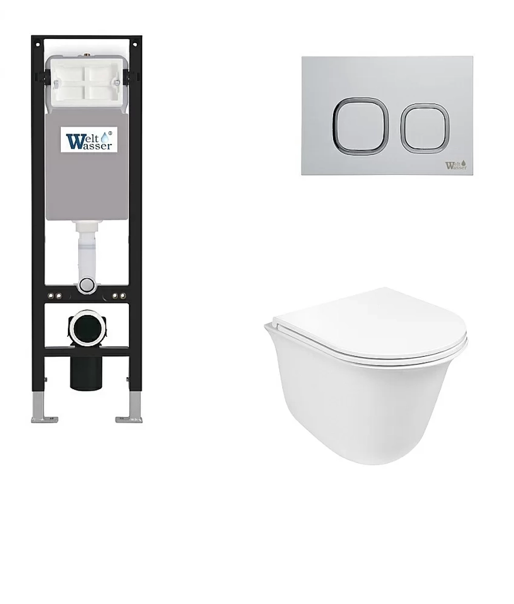 Унитаз подвесной WeltWasser AMBERG 350 + TELBACH 004 GL-WT + AMBERG RD-WT белый глянцевый, безободковый, с крышкой микролифт, с инсталляцией и белой кнопкой