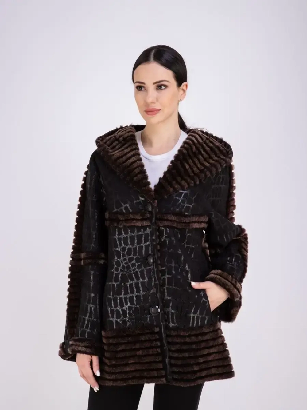 Дубленка женская натуральная с капюшоном оверсайз Турция