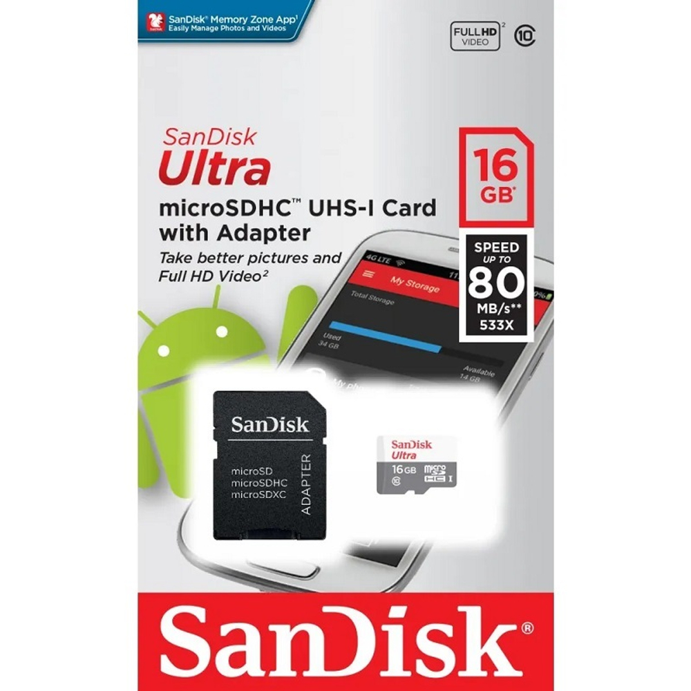 Карта памяти Micro SDHC 16 Гб SanDisk Ultra 80 Mb/s