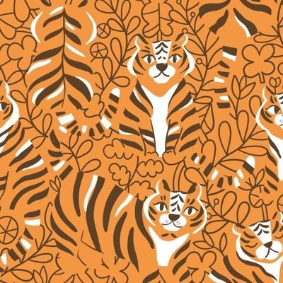 Оранжевые тигры на оранжевом с цветами