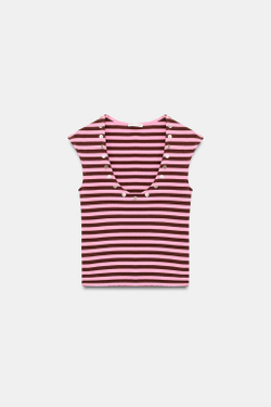 ZARA ТОП В ПОЛОСКУ С ПУГОВИЦАМИ, РОЗОВЫЙ