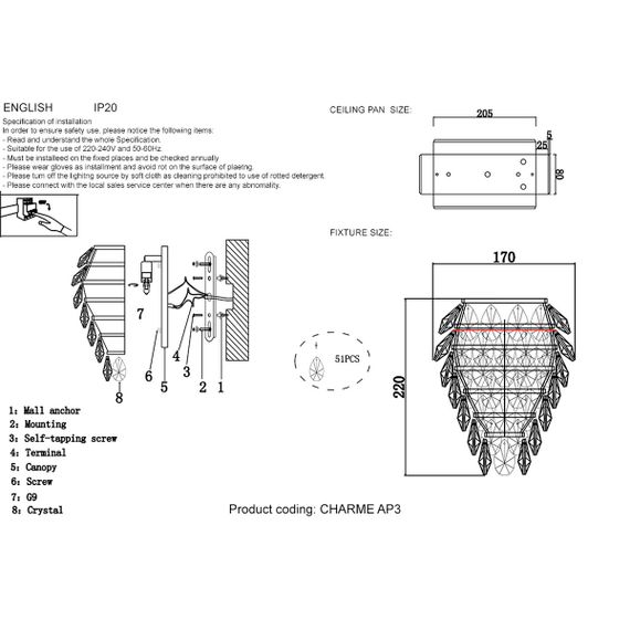 Настенный светильник Crystal Lux Charme AP3 Gold/Transparent