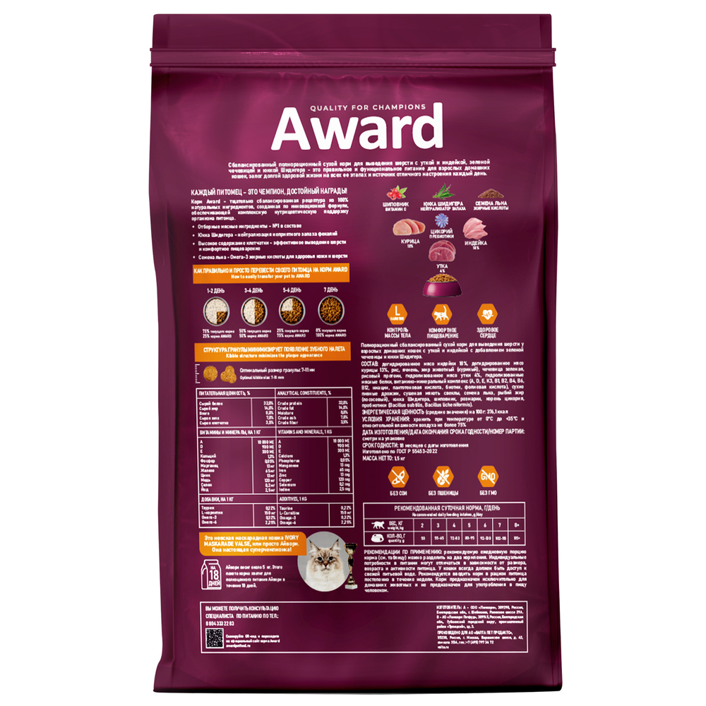 AWARD Hairball & Indoor Сухой корм для взрослых кошек для выведения шерсти с уткой и индейкой 1,5кг