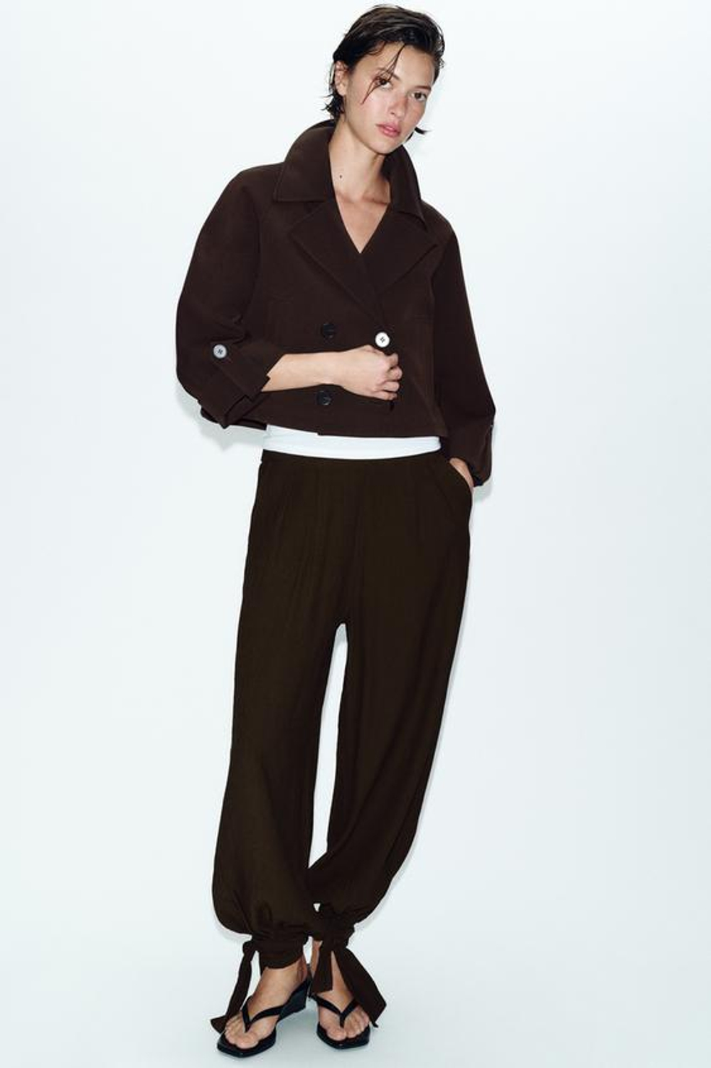 ZARA БРЮКИ-БАГГИ С БАНТАМИ, ТЕМНО-КОРИЧНЕВЫЙ