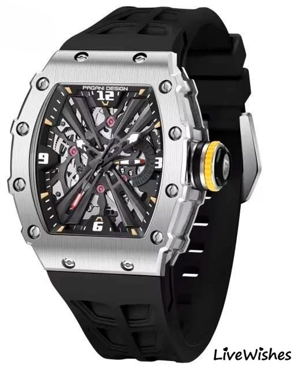 Часы наручные кварцевые скелетоны ПРЕМИУМ PAGANI DESIGN на силиконовом ремешке, черный W10320-01