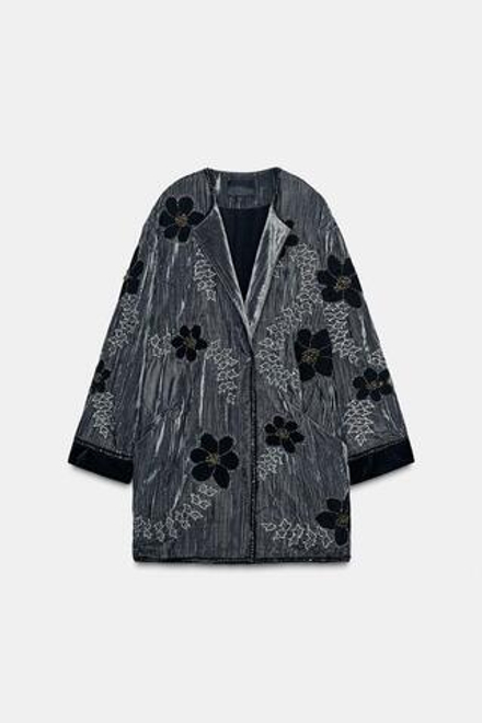 ZARA КИМОНО ИЗ ВЫШИТОГО БАРХАТА — ZW COLLECTION LIMITED EDITION, СЕРЫЙ