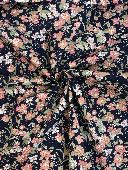 Коттон принт, цветок розовый/зеленый на синем BST3452