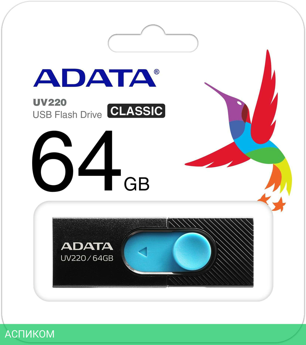 USB Flash-накопитель A-Data UV220 64GB черный/синий (AUV220-64G-RBKBL)