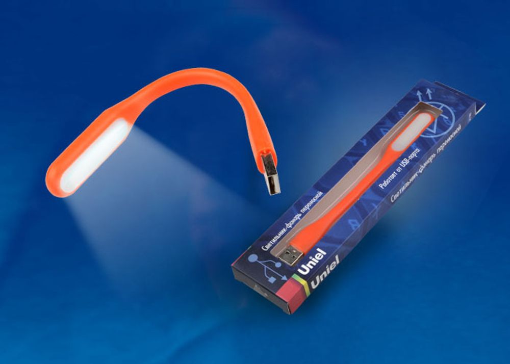 TLD-541 Orange Светильник-фонарь переносной Uniel, прорезиненный корпус, 6 LED, питание от USB-порта. Упаковка-картон, цвет-оранжевый.