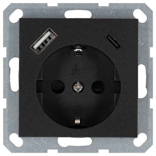 Розетка SCHUKO© с USB A+C с защитными шторками 16A 250V~ 2P+T USB 25W, цвет Антрацит