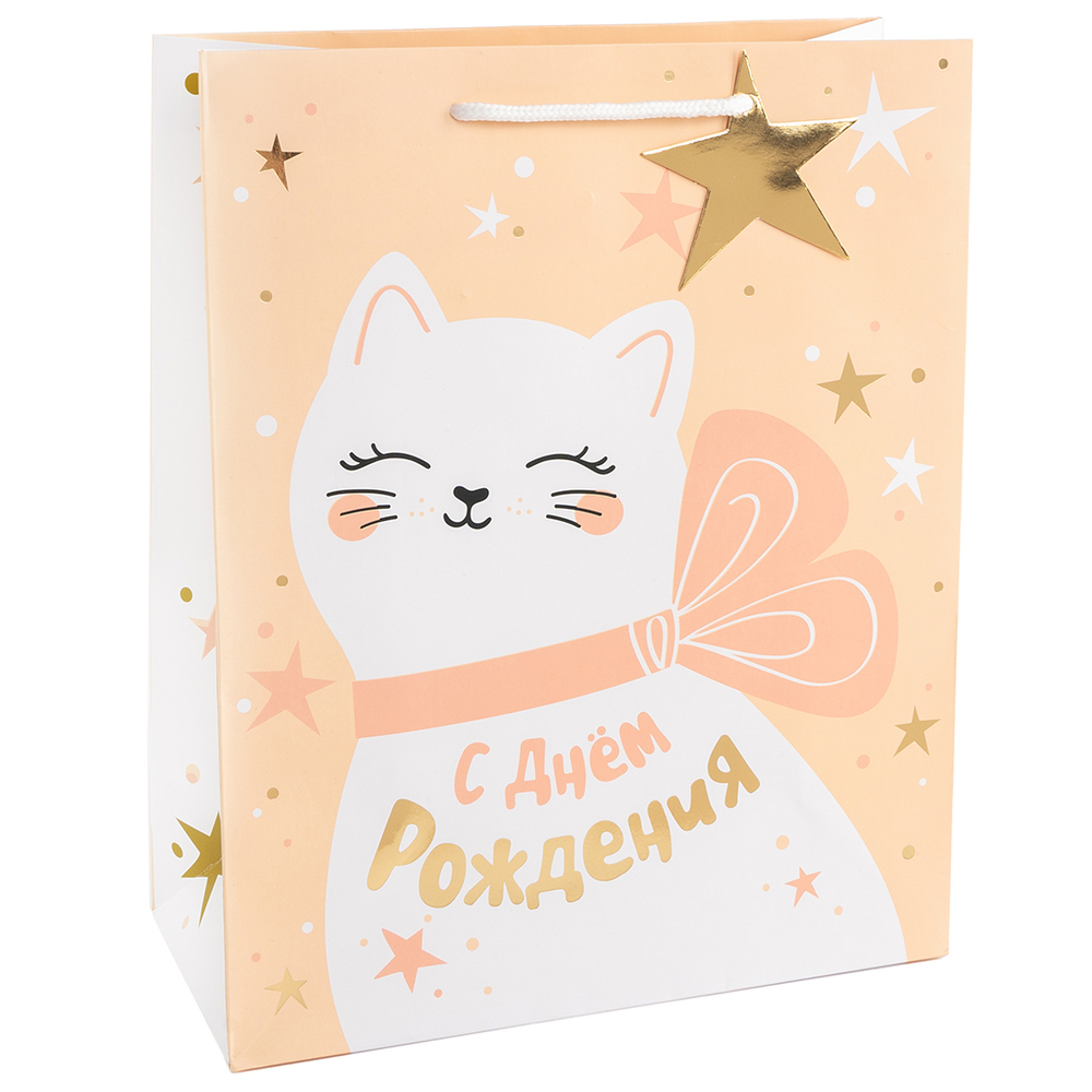 Пакет подарочный, Кошечка с бантом, Металлик, 23*18*10 см