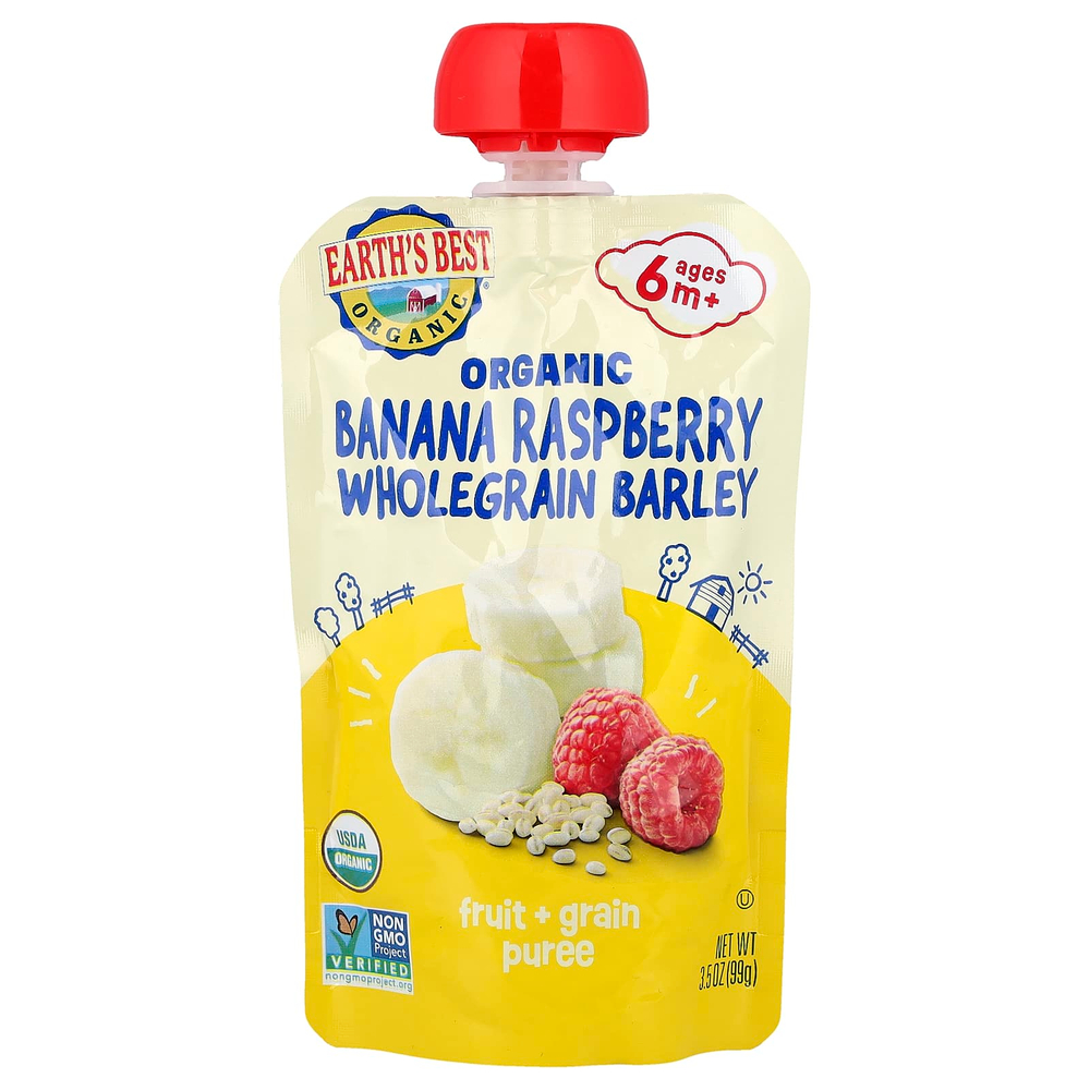 Earth's Best, органическое пюре из фруктов и злаков, для детей от 6 месяцев, банан, малина и коричневый рис, 99 г (3,5 унции)