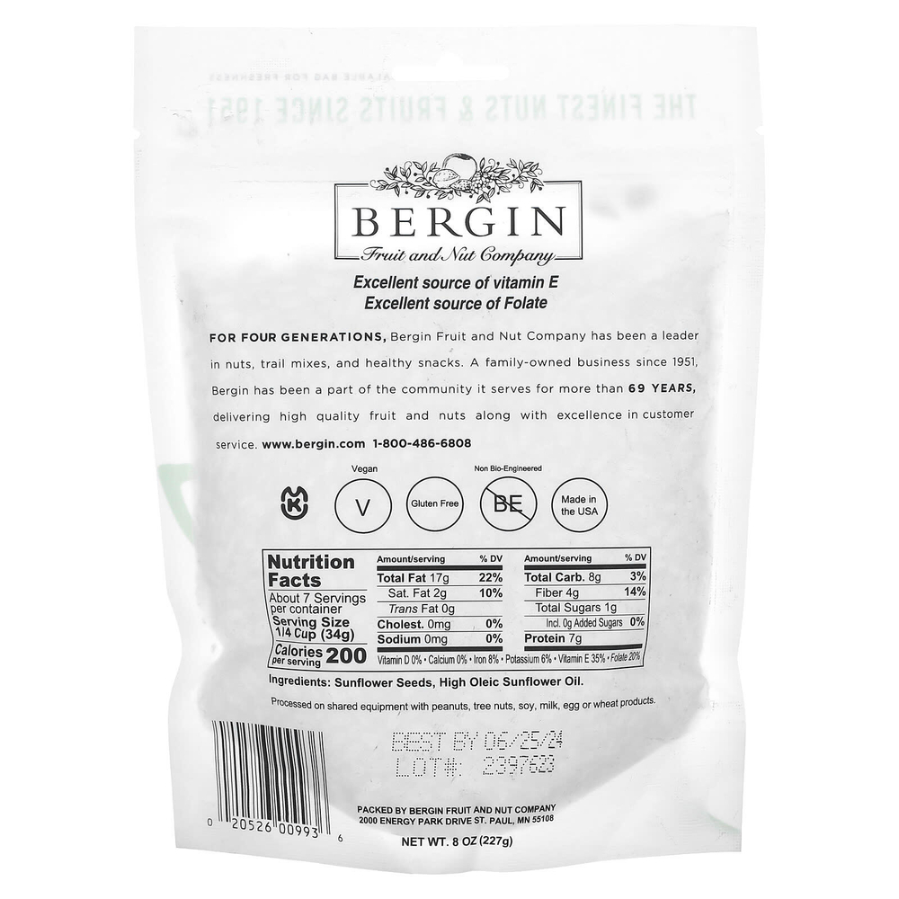 Bergin Fruit and Nut Company, Семена подсолнечника, обжаренные, без соли, 227 г (8 унций)