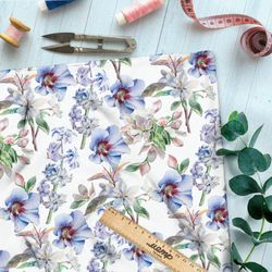 Ткань бифлекс лён и колокольчики на бежевом фоне