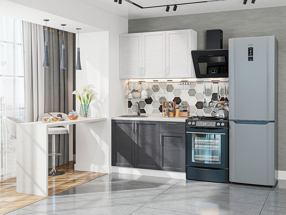 Прямая модульная кухня Сканди-05 White Softwood/Graphite Softwood - Белый 2140*1200*600