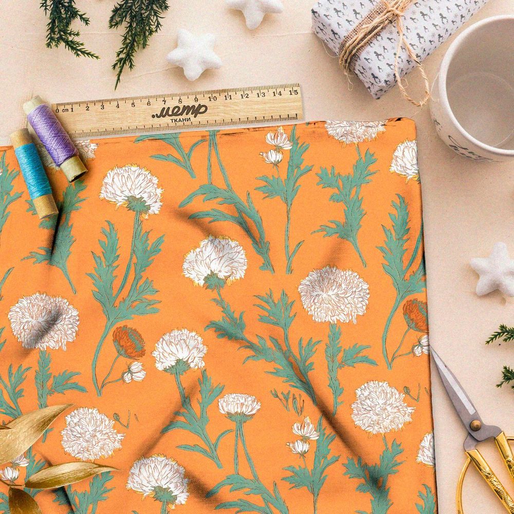 Ткань Ниагара Софт белые цветочки на оранжевом