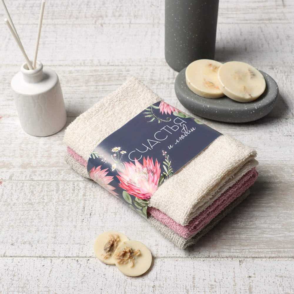 Набор махровых полотенец Этель «Клевер» 30×30 см - 3 шт., 340 г/м², 100% хлопок