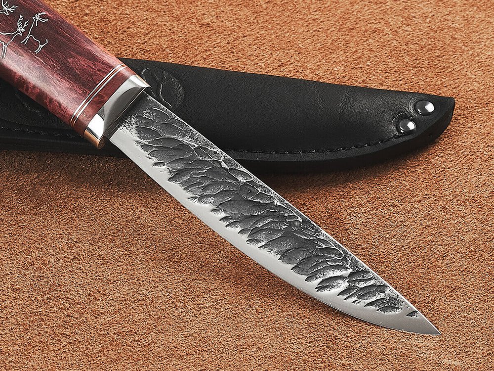 Якутский нож "Амга", сталь Х12МФ, рукоять гранатовая стабилизированная карельская береза / рисунок