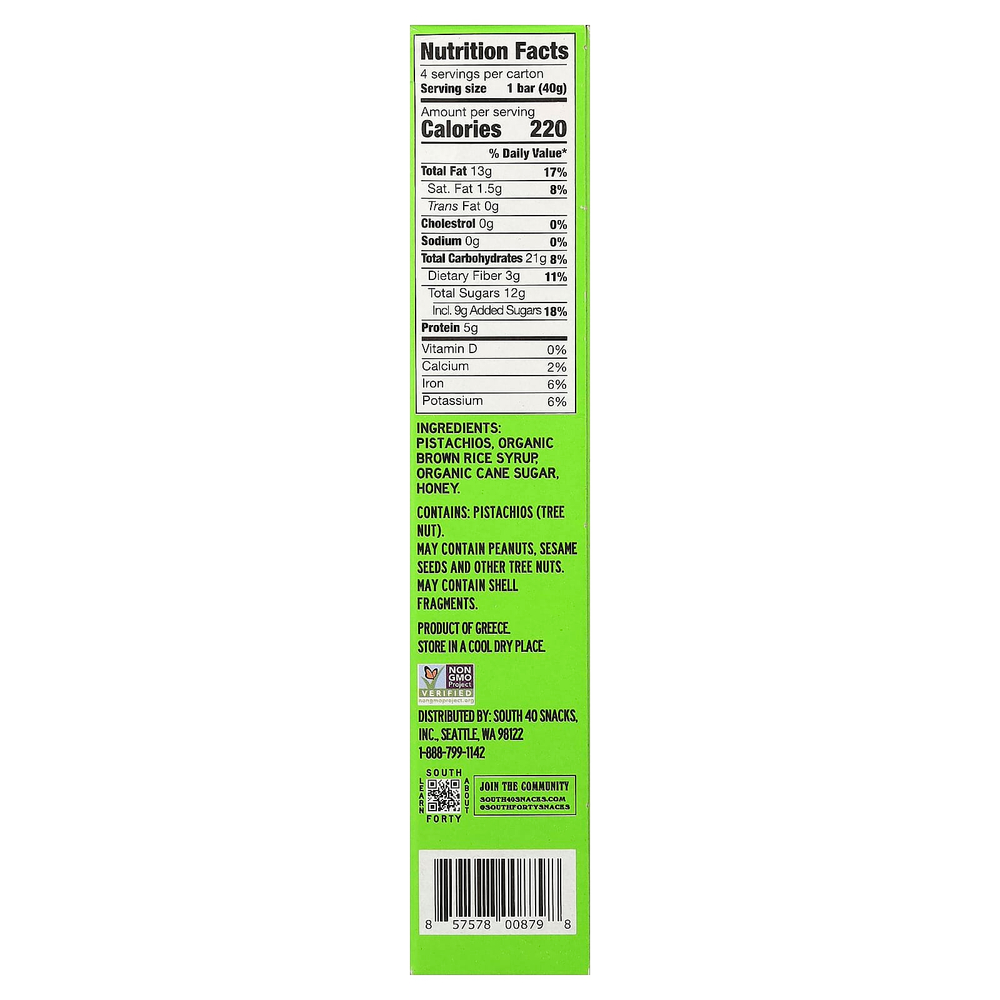 South Forty Snack Company, ореховый батончик, фисташки и мед, 4 батончика по 40 г (1,4 унции)