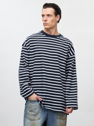 Синий хлопковый лонгслив PURE в полоску