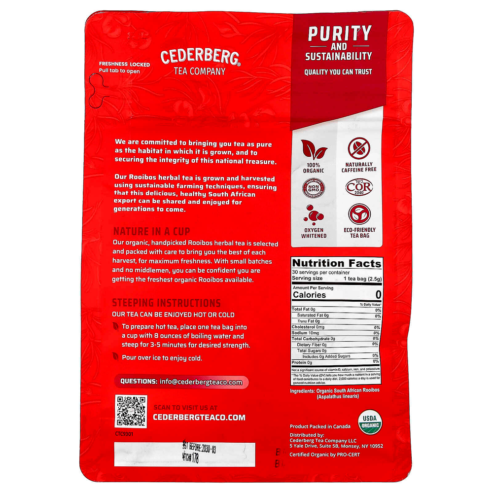 Cederberg Tea Co, органический южноафриканский травяной чай, красный ройбуш, без кофеина, 30 чайных пакетиков, 75 г (2,6 унции)
