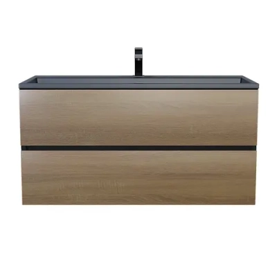 Тумба с раковиной Uperwood Barsa 100 см, раковина черная глянцевая, подвесная тумба черная/дуб сонома