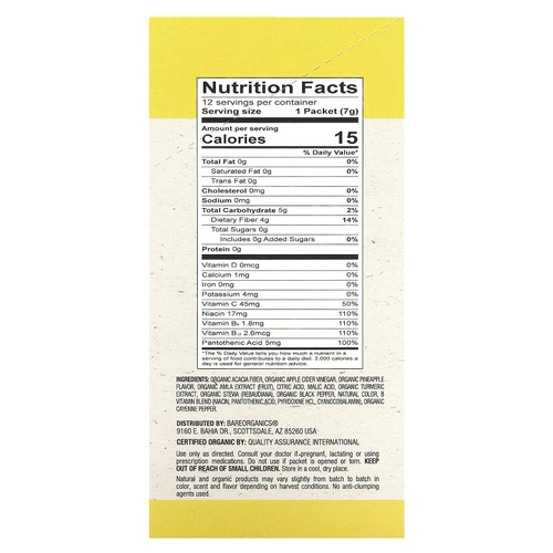 BareOrganics, Метаболизм, суперпродукты, улучшающие содержание воды, органический ананас, 12 пакетиков в виде стиков по 7 г (0,25 унции)