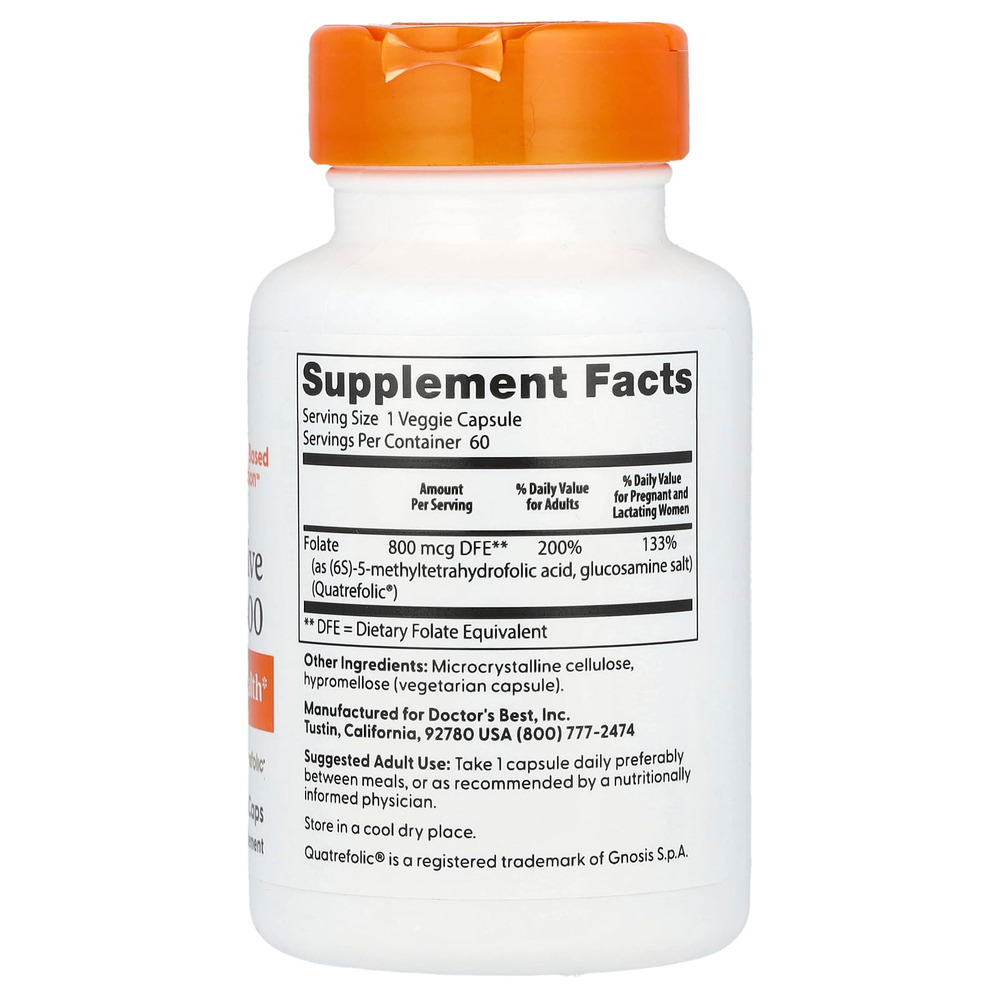 Doctor's Best, Fully Active Folate 800, фолат, 800 мкг, 60 растительных капсул