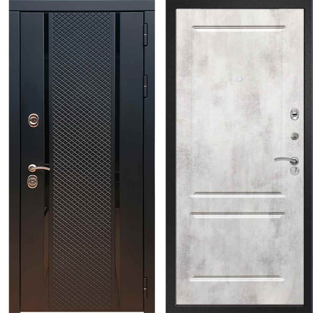 Входная металлическая дверь с зеркалом RеX (РЕКС) 25 кварц черный, фурнитура хром/ ФЛ-117 Бетон светлый