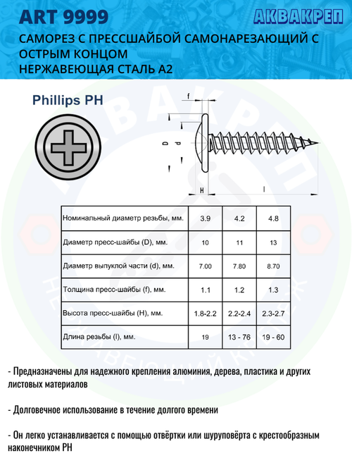 Саморез острый с прессшайбой нержавеющий АКВАКРЕП 4,2х19 мм ART 9999, 150 шт