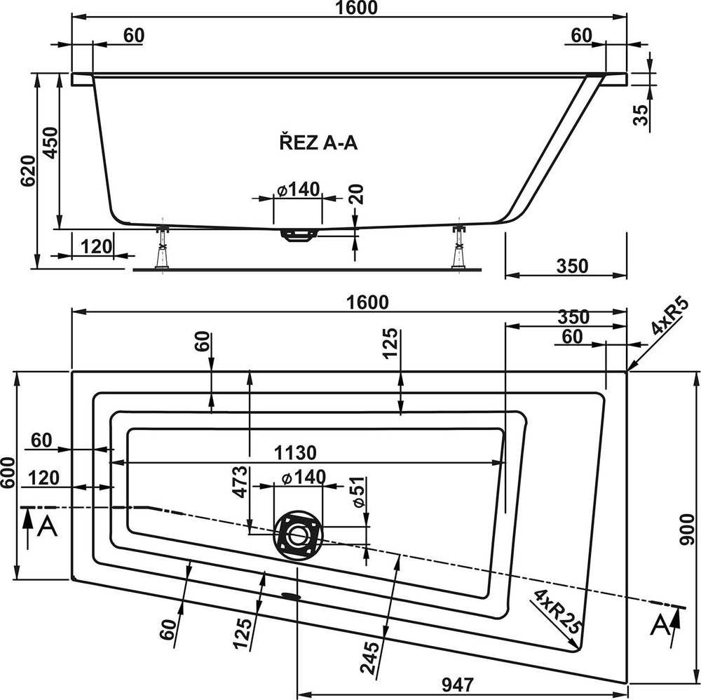 Акриловая ванна VAGNERPLAST CAVALLO OFFSET 160 Right