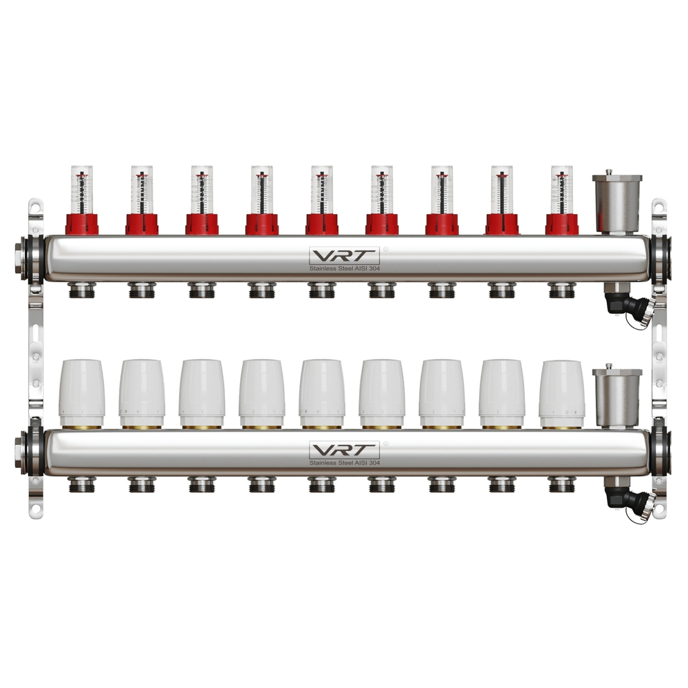 Коллекторная группа VRT® 1'' х 3/4'' (евроконус)  9 вых, авт в/отвод, c расходомерами