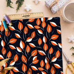 Ткань премиум таффета оранжевые листочки на черном