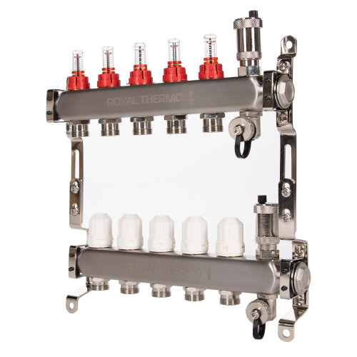 Коллектор Royal Thermo нерж. в сборе с расходомерами 1quot; ВР-3/4quot; НР с автомат. воздухоотвод-ми 5 вых.