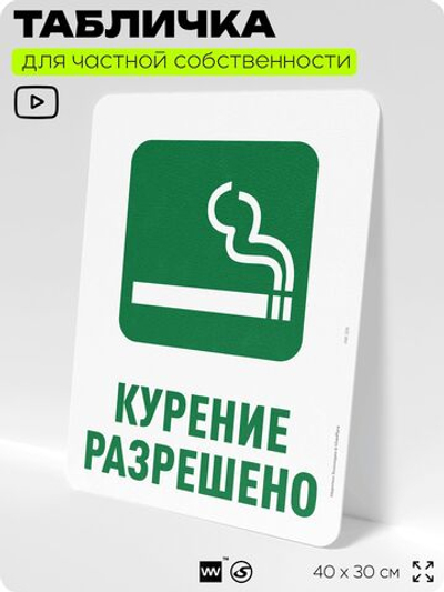 Табличка для частной территории "Курение разрешено", на дом, для участка, для подъезда, организаций и частных территорий, предупреждающая, 40х30 см, Silver Plane x Айдентика Технолоджи