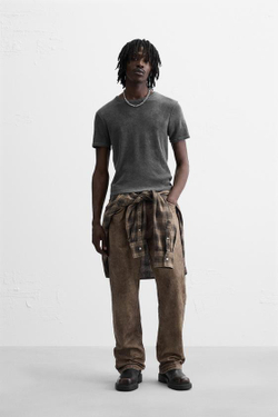 ZARA БАЗОВАЯ ФУТБОЛКА В РУБЧИК, АНТРАЦИТОВО-СЕРЫЙ