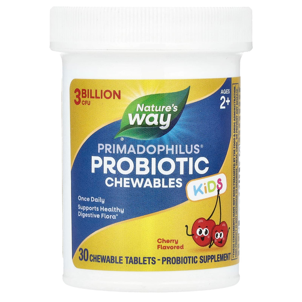 Nature's Way, Primadophilus®, жевательные пробиотики, для детей от 2 лет, с вишнёвым вкусом, 3 млрд КОЕ, 30 жевательных таблеток