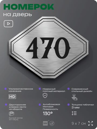Номерок на дверь квартиры 470, для кабинета, офиса, шильдик 9 х 7 см, брашированная сталь, Айдентика Технолоджи