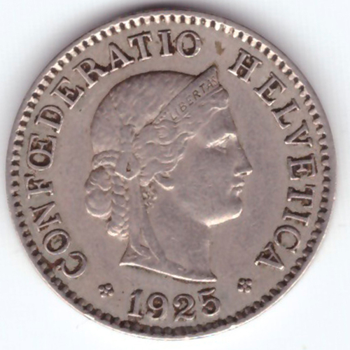 5 раппенов 1925 год. Швейцария. Медно-никель VF-XF